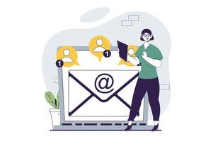 Email service concept with people scene in flat design for web. Woman creating new business mailing for group of clients at laptop. Vector illustration for social media banner, marketing material.