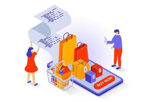 Online shopping concept in 3d isometric design. People making purchases at sale in store mobile app, ordering and getting digital receipt. Vector illustration with isometry scene for web graphic