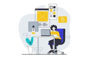 UI UX design concept with people scene in flat graphic for web. Man creating images, drawing elements, selecting colours for layout. Vector illustration for social media banner, marketing material.