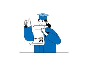 Education concept with people scene in flat web design. Student finishing her study at university and getting diploma at graduation. Vector illustration for social media banner, marketing material.