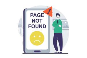 Page not found concept with people scene in flat design for web. Man getting message about website problem and internet disconnect. Vector illustration for social media banner, marketing material.