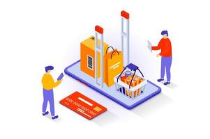 Online shopping concept in 3d isometric design. People purchasing food in supermarket webpage with packaging delivering, pay credit card. Vector illustration with isometry scene for web graphic