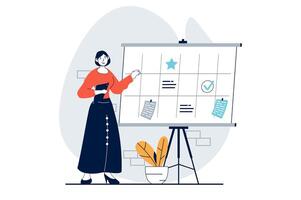 Strategic planning concept with people scene in flat design for web. Woman scheduling tasks and workflow organisation in calendar. Vector illustration for social media banner, marketing material.