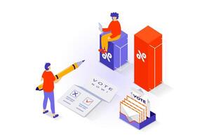 Election and voting concept in 3d isometric design. People vote in democratic elections, choose their political candidate, show exit polls. Vector illustration with isometry scene for web graphic