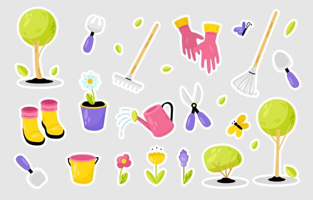 Cute spring garden clipart set with watering can, gloves, rubber boots, watering can, flowers and other elements.