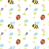 Seamless pattern with bees, ladybug and flowers vector