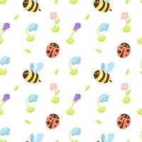 Seamless pattern with bees, ladybug and flowers vector