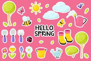 Hello spring element set. Cute hand drawn vector stickers set with flowers, butterflies, rubber boots