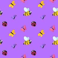 Seamless pattern with bee, butterfly and ladybug vector