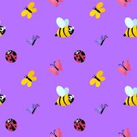 Seamless pattern with bee, butterfly and ladybug vector