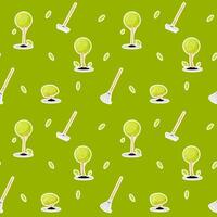 Seamless pattern with green trees and garden tools on green background vector