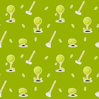 Seamless pattern with green trees and garden tools on green background vector