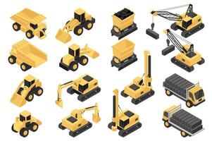 Construction equipment isometric elements constructor mega set. Creator kit with flat graphic concrete machinery, dump trucks, excavators, trolley, cranes. Vector illustration in 3d isometry design