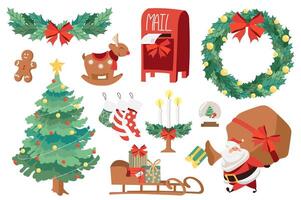 nuevo año mega conjunto elementos en plano diseño. haz de festivo abeto árbol, acebo guirnalda con arcos, Galleta, reno, buzón, guirnalda, Papa Noel cláusula con regalos. vector ilustración aislado gráfico objetos