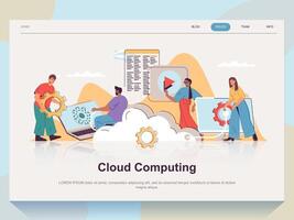 Cloud computing web concept for landing page in flat design. Man and woman working with online server, storing data, using online database. Vector illustration with people scene for website homepage