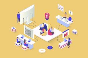 Coworking concept in 3d isometric design. Colleagues or freelancers work on laptop in open space office, team collaborate at workplace. Vector illustration with isometry people scene for web graphic