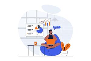 Freelance working web concept with character scene. Man making data report while sitting in chair at home. People situation in flat design. Vector illustration for social media marketing material.