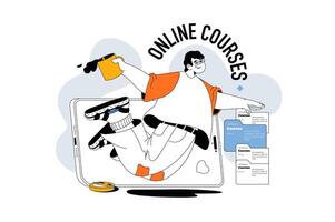 Online courses concept with people scene in flat line design for web. Man learning at educational platform with tutorials and lectures. Vector illustration for social media banner, marketing material.