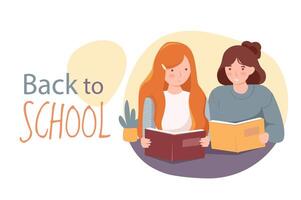 Back to school poster template in flat design. Banner layout with happy teens schoolgirls reading books together. Classmate students doing homework and preparing to lessons. Vector illustration.