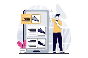 Mobile commerce concept with people scene in flat design for web. Man choosing shoes in assortment of online store and making order. Vector illustration for social media banner, marketing material.