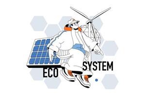 Eco system concept with people scene in flat line design for web. Man using solar panels and wind power station for energy resource. Vector illustration for social media banner, marketing material.
