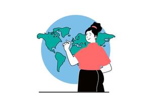 Education concept with people scene in flat web design. Woman working as teacher and explaining geography with globe map at lesson. Vector illustration for social media banner, marketing material.