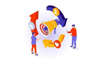Social media concept in 3d isometric design. People making new posts, collecting followers reactions and sharing information and links in blog. Vector illustration with isometry scene for web graphic
