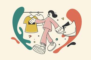 compras concepto con personas escena en plano retro diseño para web. mujer con pantalones hace compra a estacional ventas a almacenar, comercio, centro comercial. vector ilustración para social medios de comunicación bandera, márketing material.