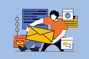 Email service concept with people scene in flat design for web. Man making newsletters, sending letters and communicating online. Vector illustration for social media banner, marketing material.