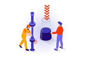 Oil industry concept in 3d isometric design. People work at oil production plant, making research at test tube, check and control pipeline. Vector illustration with isometry scene for web graphic