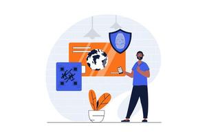 Secure payment web concept with character scene. Man using protection with fingerprint scan verification. People situation in flat design. Vector illustration for social media marketing material.