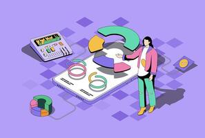 Data analysis concept in 3d isometric design. Woman working with diagram, researching charts and graphs at mobile phone app screens. Vector illustration with isometry people scene for web graphic