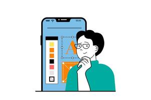 App development concept with people scene in flat web design. Man selecting colors palette for ui layout and creating wireframe mockup. Vector illustration for social media banner, marketing material.