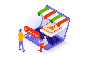 Food delivery concept in 3d isometric design. People ordering pizza at pizzeria, paying online from computer and using shipping with courier. Vector illustration with isometry scene for web graphic