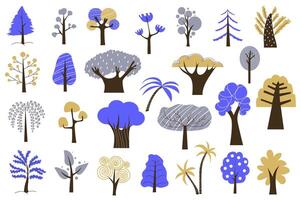 Abstract trees mega set in graphic flat design. Bundle elements of minimal style trees with blue foliage and other colors, forest plants with different shapes. Vector illustration isolated stickers