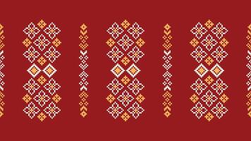 Traditional ethnic motifs ikat geometric fabric pattern cross stitch.Ikat embroidery Ethnic oriental Pixel red background. Abstract,vector,illustration. Texture,christmas,decoration,wallpaper. vector