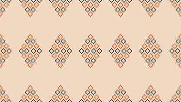 Traditional ethnic motifs ikat geometric fabric pattern cross stitch.Ikat embroidery Ethnic oriental Pixel brown cream background. Abstract,vector,illustration. Texture,scarf,decoration,wallpaper. vector