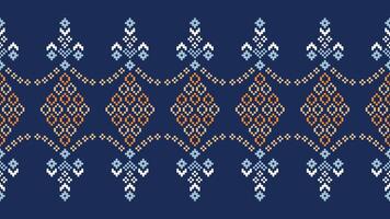 Traditional ethnic motifs ikat geometric fabric pattern cross stitch.Ikat embroidery Ethnic oriental Pixel navy blue background. Abstract,vector,illustration. Texture,scarf,decoration,wallpaper. vector