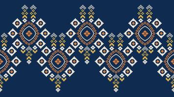 Traditional ethnic motifs ikat geometric fabric pattern cross stitch.Ikat embroidery Ethnic oriental Pixel navy blue background. Abstract,vector,illustration. Texture,scarf,decoration,wallpaper. vector