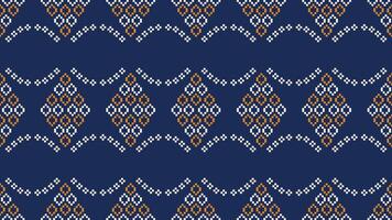 Traditional ethnic motifs ikat geometric fabric pattern cross stitch.Ikat embroidery Ethnic oriental Pixel navy blue background. Abstract,vector,illustration. Texture,scarf,decoration,wallpaper. vector