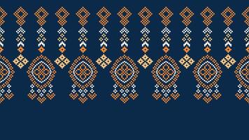 Traditional ethnic motifs ikat geometric fabric pattern cross stitch.Ikat embroidery Ethnic oriental Pixel navy blue background. Abstract,vector,illustration. Texture,scarf,decoration,wallpaper. vector