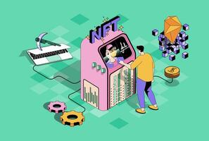 NFT token art concept in 3d isometric design. Man buying virtual paintings and electronic cryptographic artworks on online marketplaces. Vector illustration with isometry people scene for web graphic