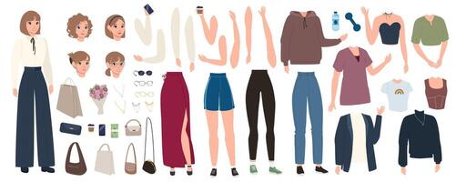 Woman character elements constructor mega set in flat graphic design. Creator kit with caucasian female, body legs and arms, heads with hairstyles, stylish cloth, accessories. Vector illustration.