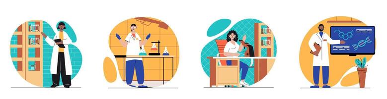 laboratorio concepto con personas escenas conjunto en plano web diseño. haz de personaje situaciones con científicos experimentando y haciendo científico pruebas o médico análisis en laboratorio. vector ilustraciones.