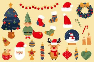 Christmas mega set elements in flat design. Bundle of festive fir tree, garland, decor, socks, Santa Claus, wreath, candy, candles, elf, gift bag, other. Vector illustration isolated graphic objects