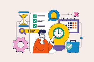 Time management concept in flat neo brutalism design for web. Manager makes plan and schedule, managing efficiency work time at office. Vector illustration for social media banner, marketing material.