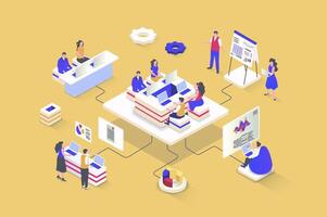 Business meeting concept in 3d isometric design. Colleagues work together at desk, discuss work tasks, make presentation, collaborate. Vector illustration with isometry people scene for web graphic