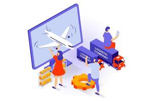 Transportation and logistics concept in 3d isometric design. People work in delivery company with commercial shipping by airplane and trucks. Vector illustration with isometry scene for web graphic