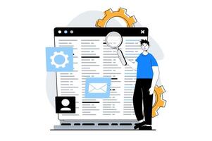 Web development concept with people scene in flat design. Man searching, settings and fixing bugs in programming code for layout. Vector illustration for social media banner, marketing material.