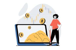 Cryptocurrency mining concept with people scene in flat design for web. Man with pickaxe working in mining crypto business at laptop. Vector illustration for social media banner, marketing material.